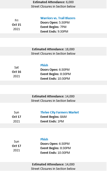 Chase Center October Event Calendar – Madrone